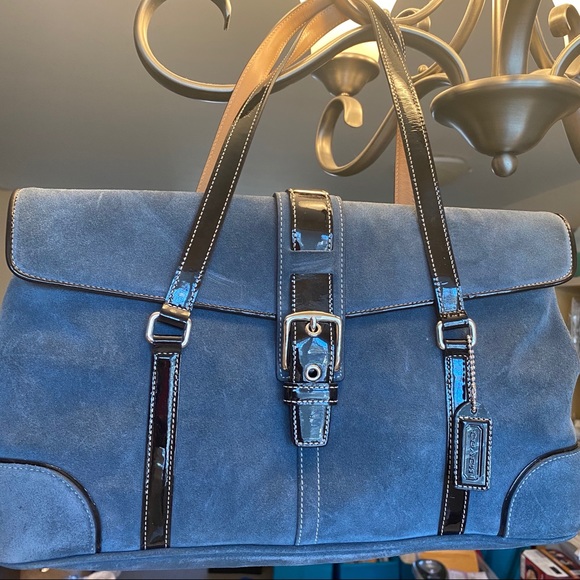 NWOT: Vintage Blue Suede and Patent Coach Satchel - Picture 3 of 6